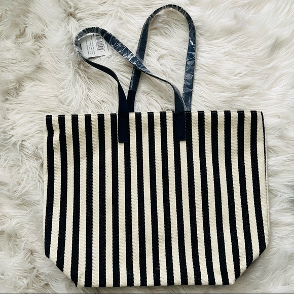 Barnes & Noble Vertical Navy Striped Large Canvas Shopper Tote Bag - Picture 2 of 3